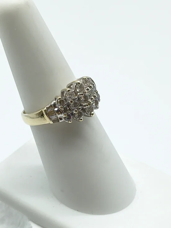 Vintage 14k Yellow Gold Triple Row Diamond Pyramid Cocktail Ring - Picture 9 of 12